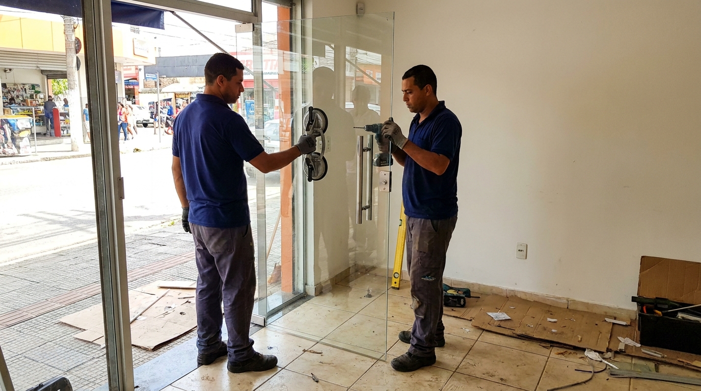 Porta de vidro de loja em rua movimentada em Recife-PE